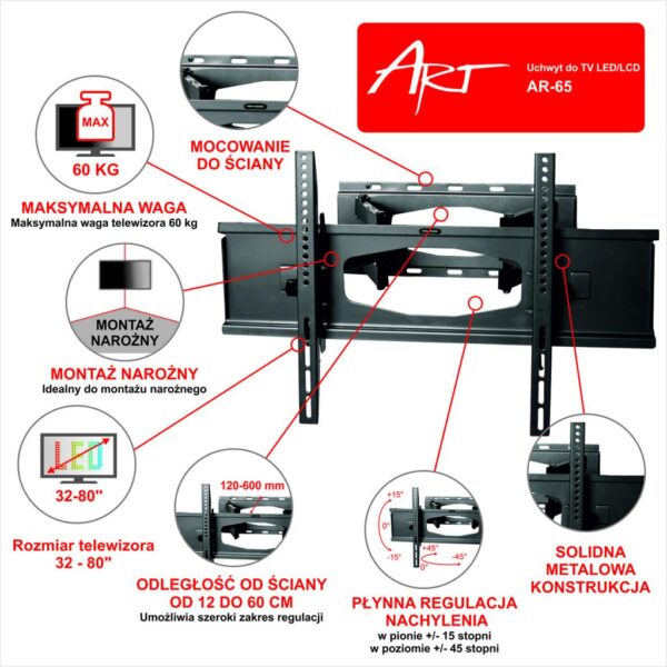 UCHWYT DO TV LCD/LED AR-65 ART 32-80" 60KG reg. pion/poziom 60cm - obrazek 3