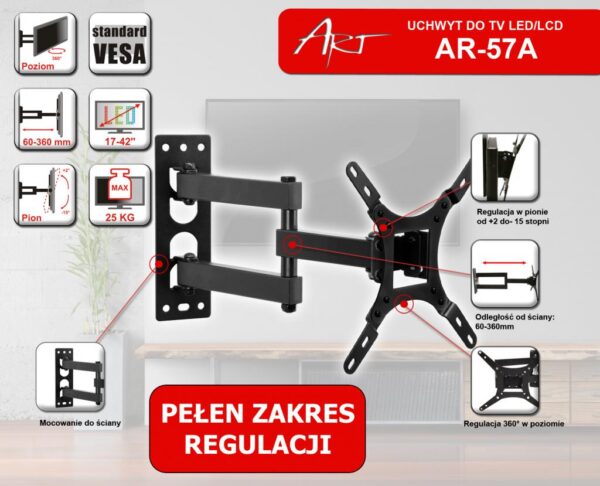 UCHWYT DO TV LCD/LED 17-42" 25KG AR-57A  ART reg.pion/poziom - obrazek 8